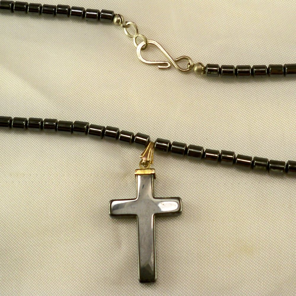 Classic Polished Black Stone Cross, Beads Necklace